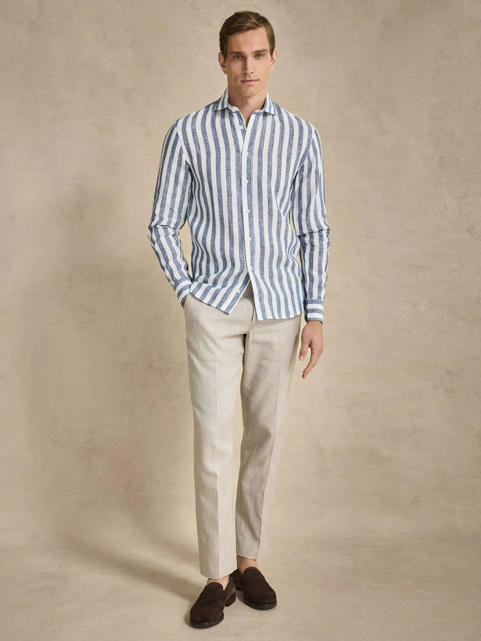 John Henric Smart Linen Shirt Block Stripe Navy Blue