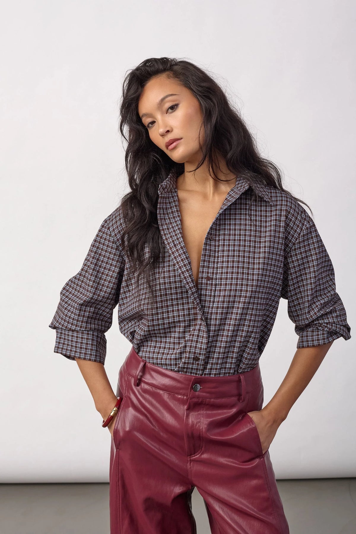Co'Couture Odem Check Cuff Shirt Dark Brown