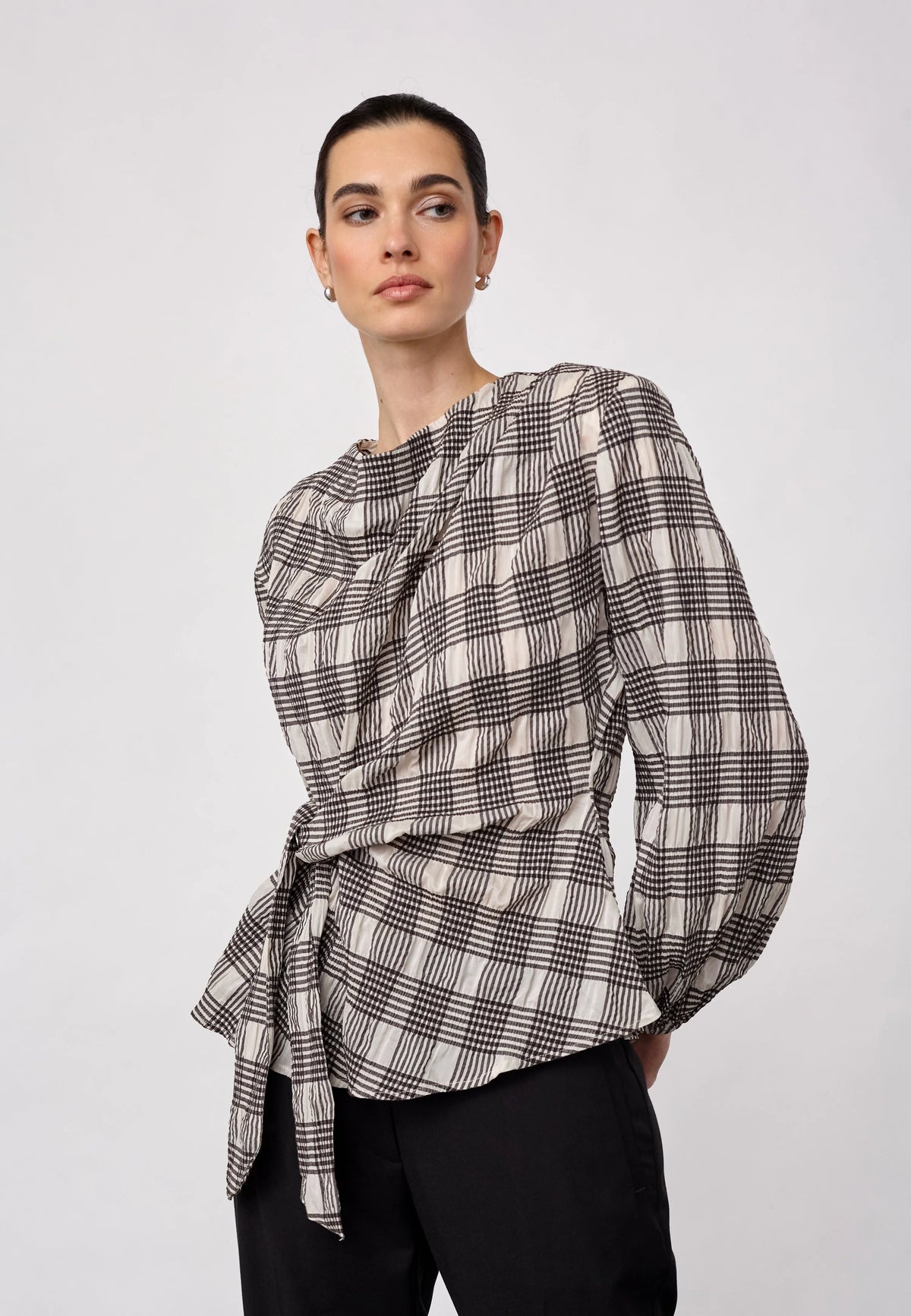 Co'Couture Chandler Check Tie Blouse Bone
