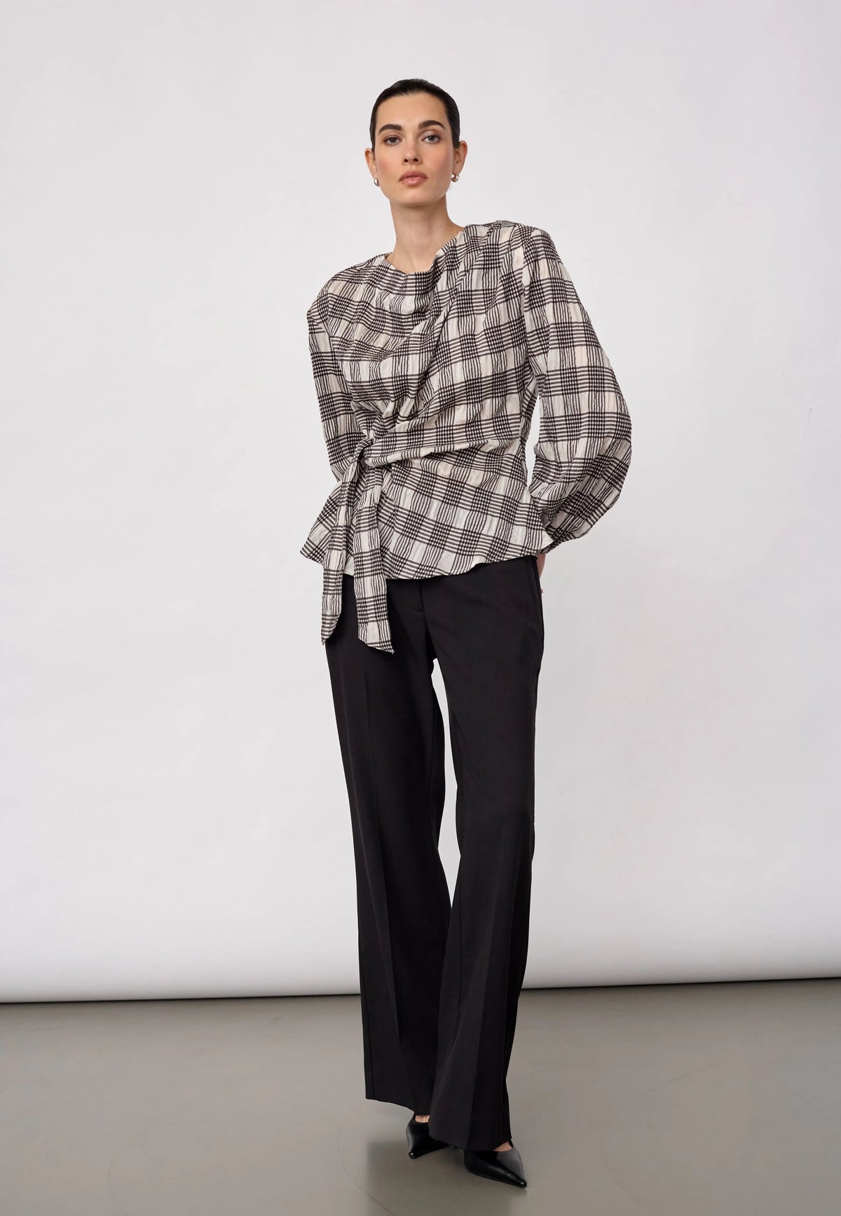 Co'Couture Chandler Check Tie Blouse Bone