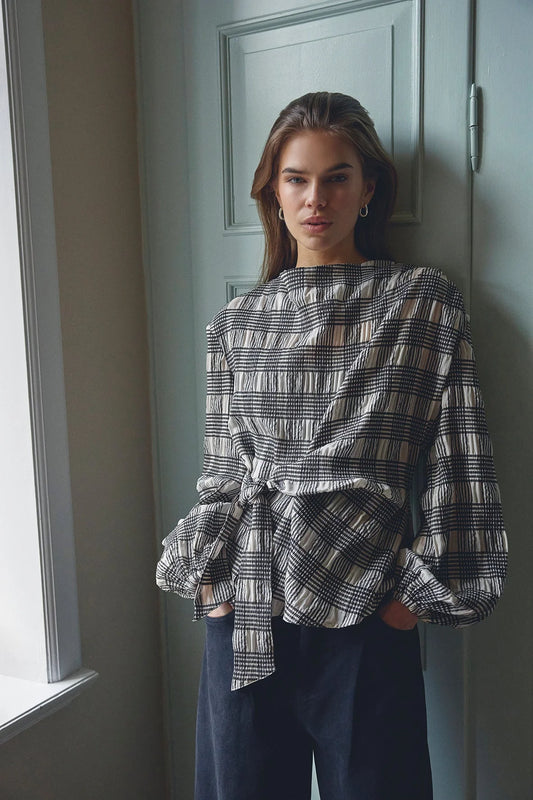Co'Couture Chandler Check Tie Blouse Bone