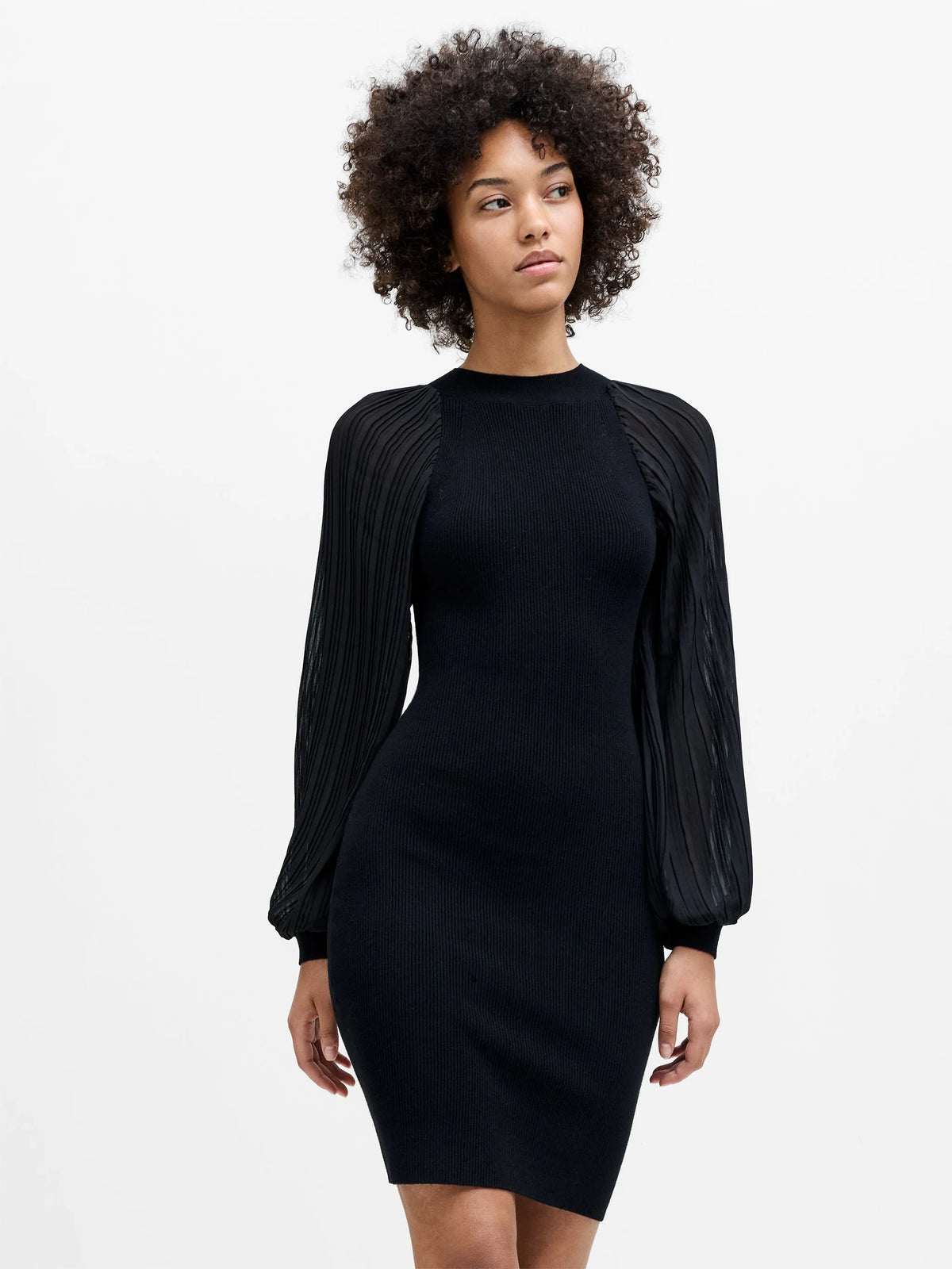 French Connection Krista Mix Pleated Sleeve Dress Black