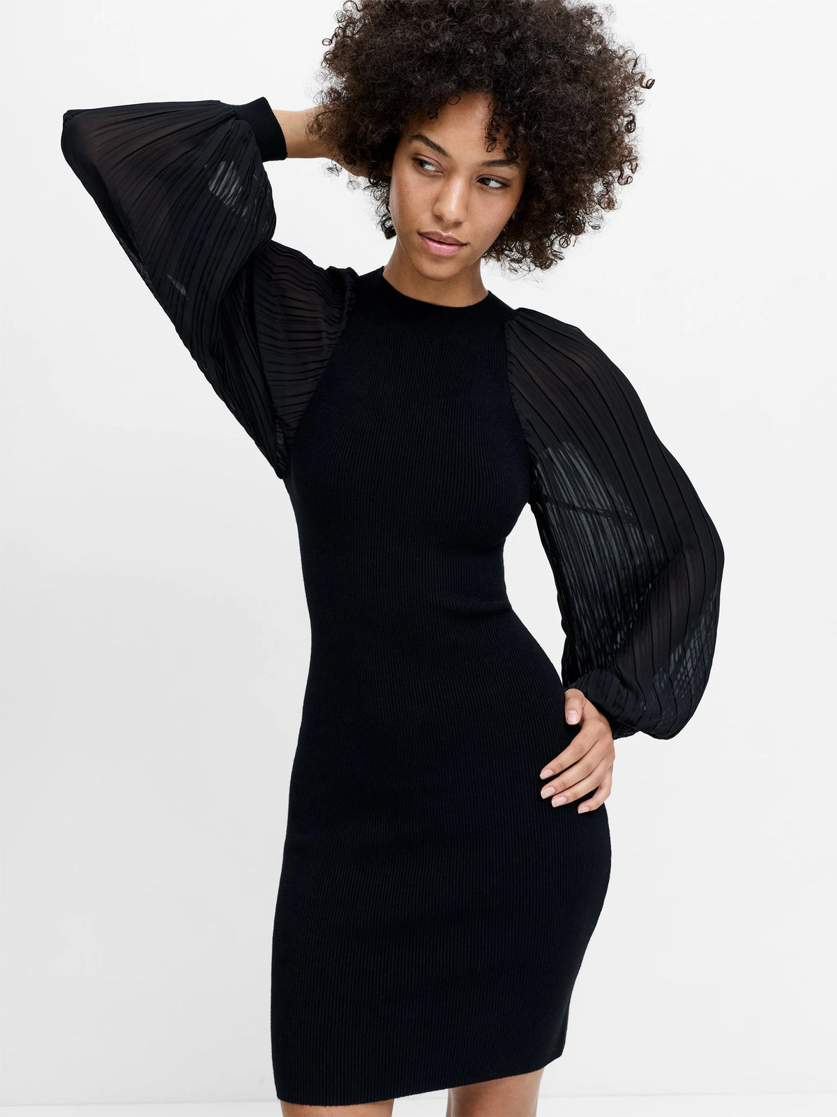 French Connection Krista Mix Pleated Sleeve Dress Black