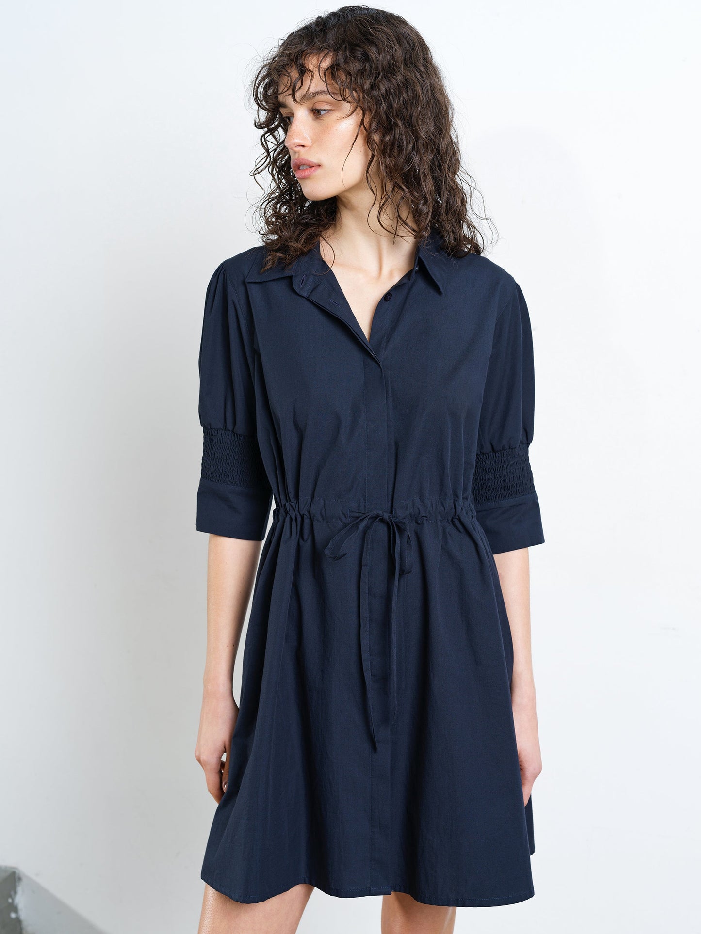 French Connection Cambria Cotton Cinched Waist Shirt Dress Navy - Mojo Independent Store