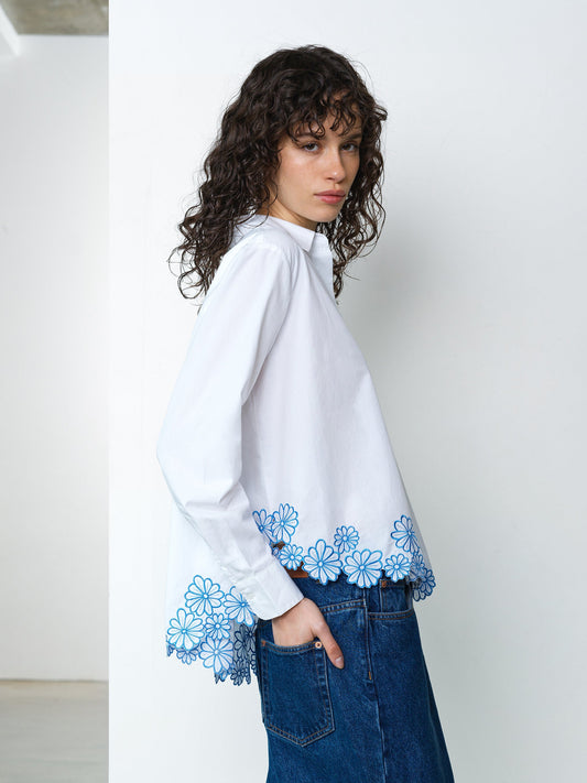 French Connection Cambria Cotton Floral Embroidered Hem Shirt Linen White/Azure Blue - Mojo Independent Store