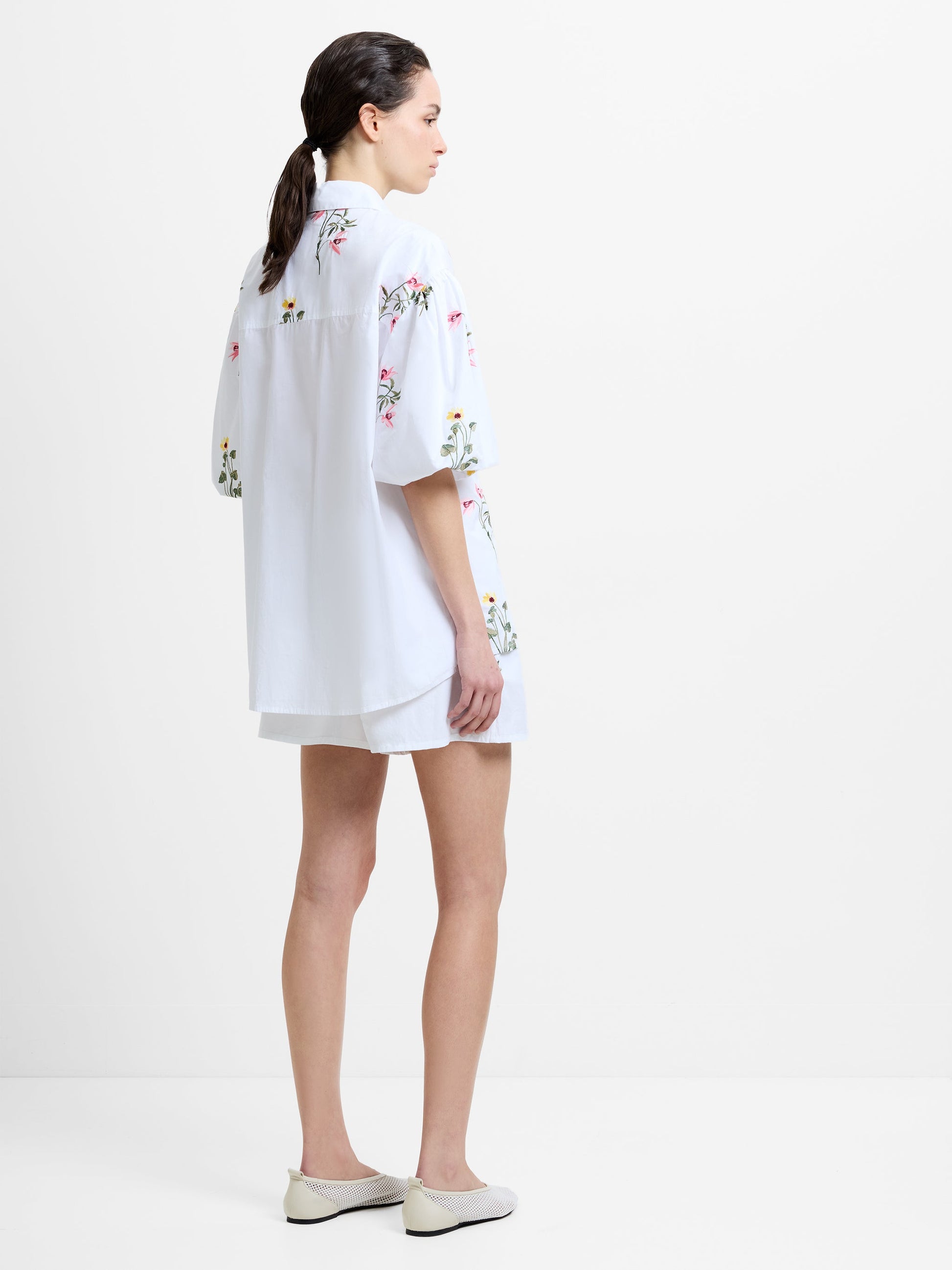 French Connection Cambria Cotton Floral Embroidered Puff Sleeve Shirt Linen White - Mojo Independent Store