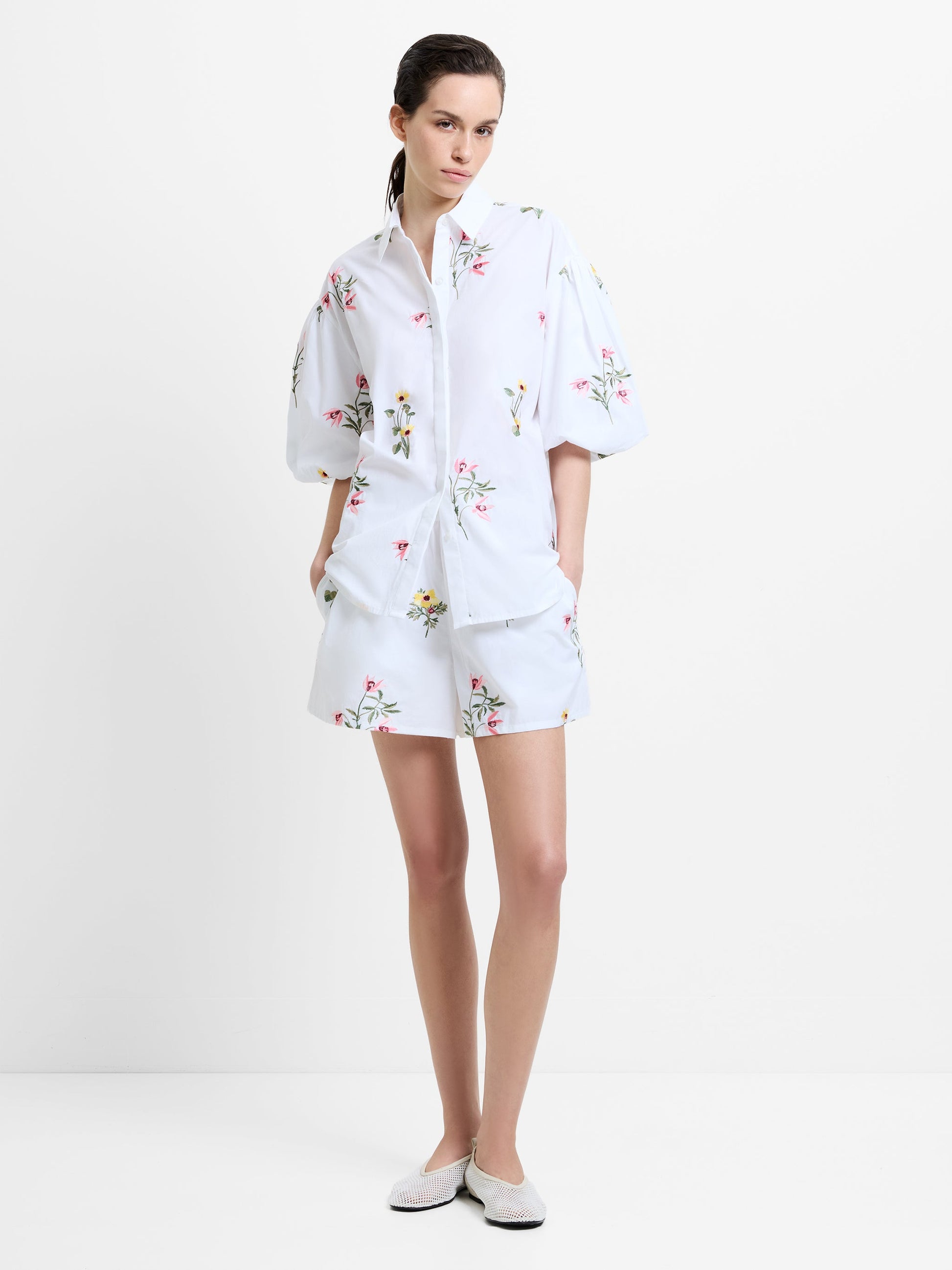French Connection Cambria Cotton Floral Embroidered Puff Sleeve Shirt Linen White - Mojo Independent Store