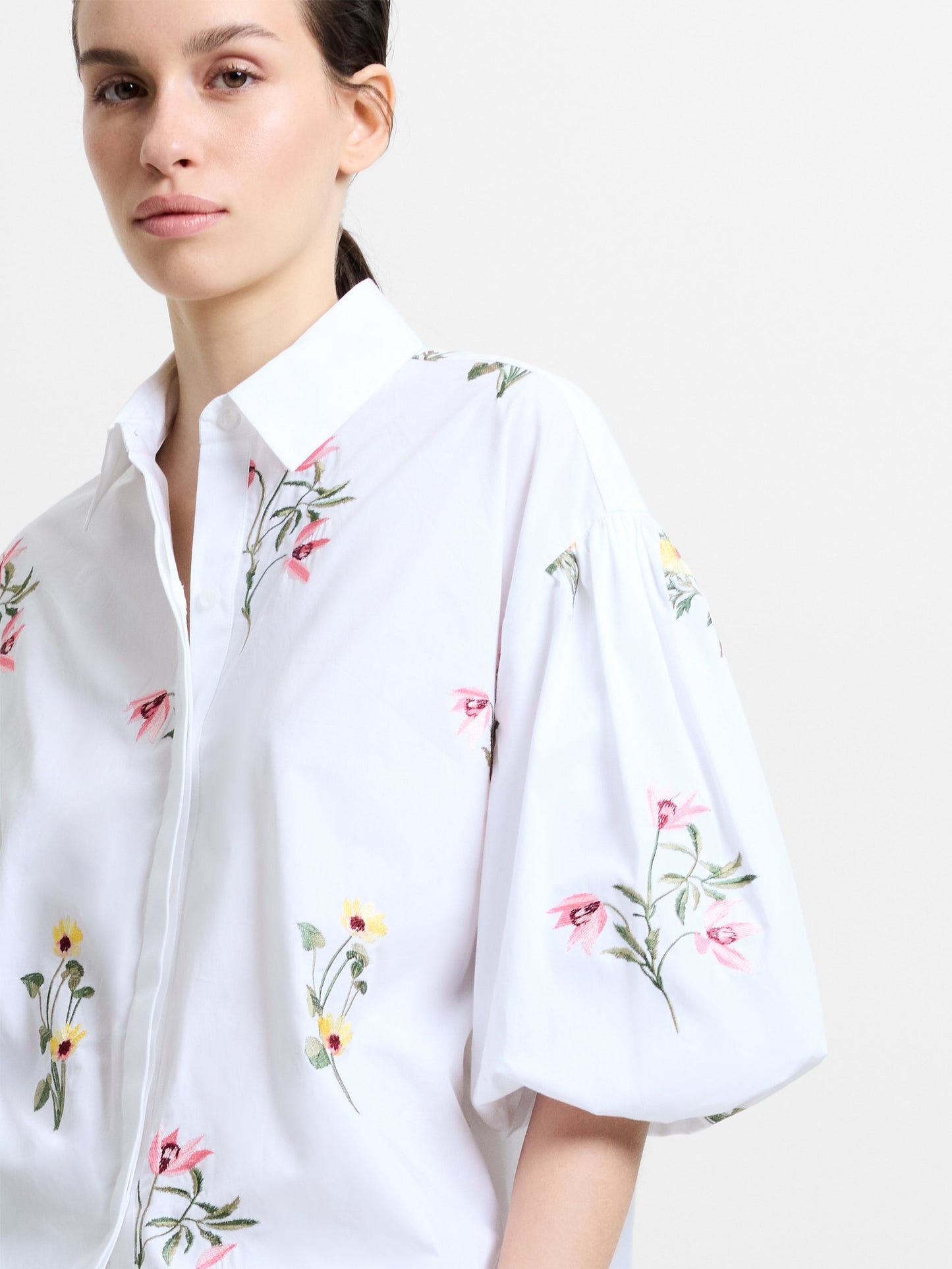 French Connection Cambria Cotton Floral Embroidered Puff Sleeve Shirt Linen White - Mojo Independent Store