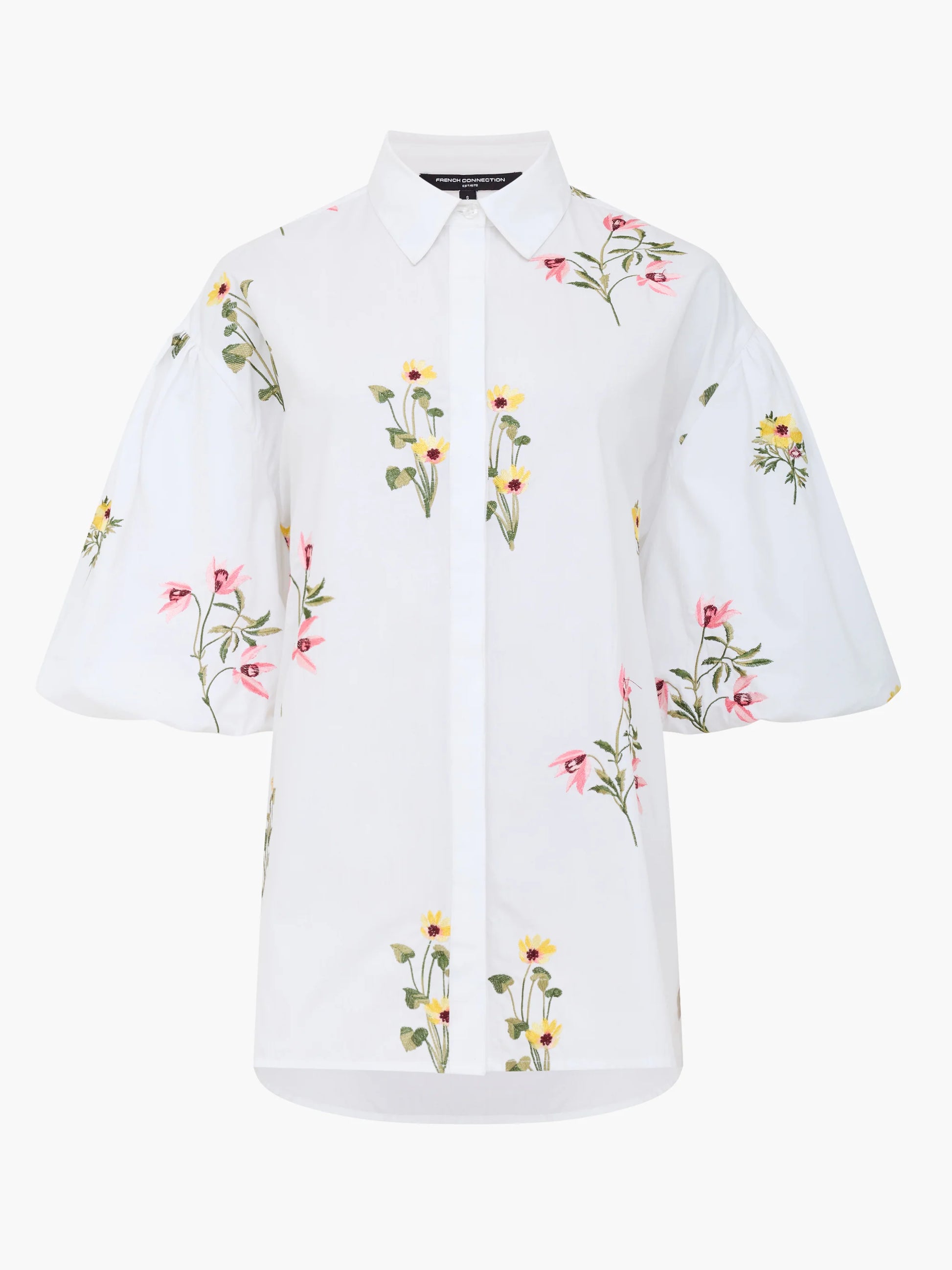 French Connection Cambria Cotton Floral Embroidered Puff Sleeve Shirt Linen White - Mojo Independent Store