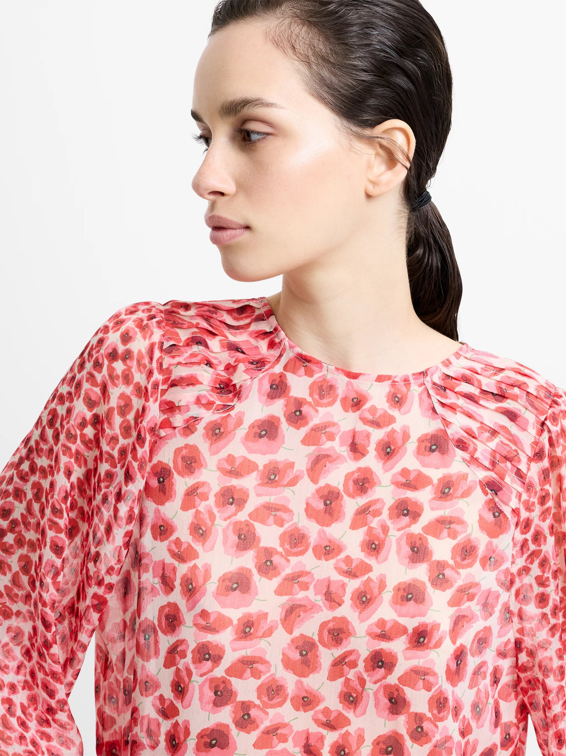 French Connection Poppy Emina Semi-Sheer Puff Sleeve Top Red Multi - Mojo Independent Store