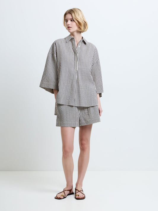 French Connection Lia Seersucker Striped Shirt Monochrome Stripes - Mojo Independent Store