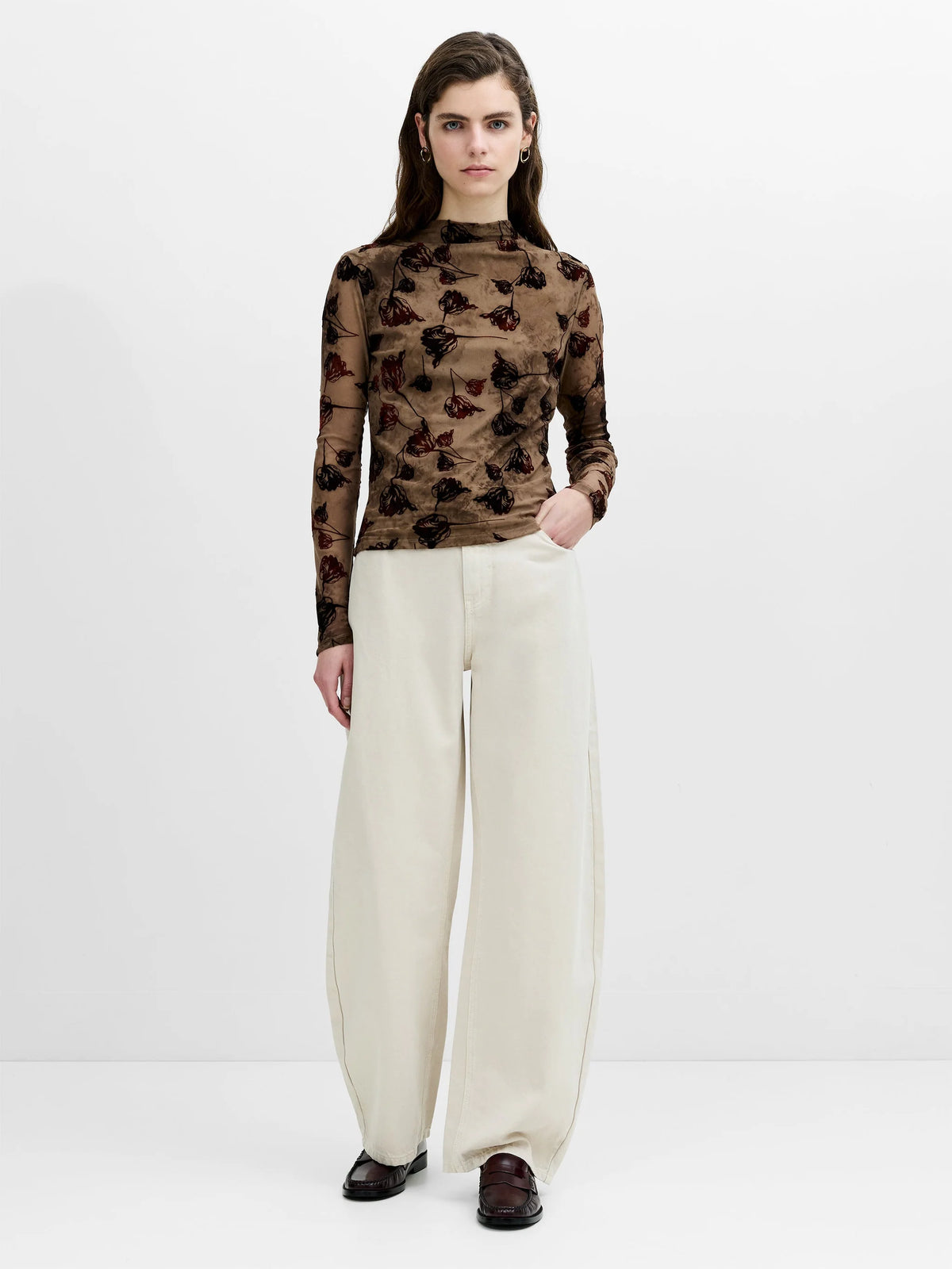 French Connection Tia Rose Mesh Velvet Burnout Top Chocolate Brown