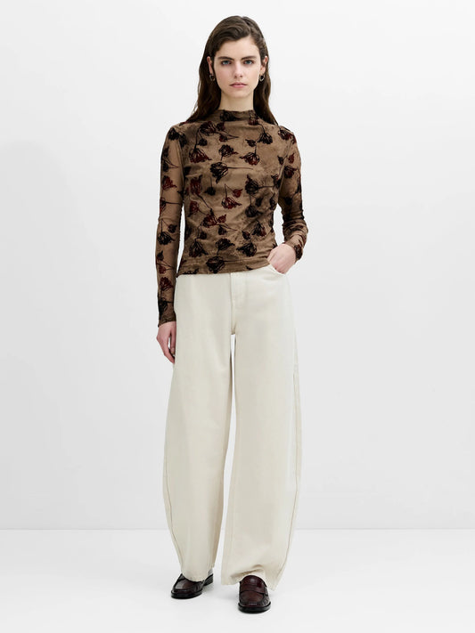French Connection Tia Rose Mesh Velvet Burnout Top Chocolate Brown