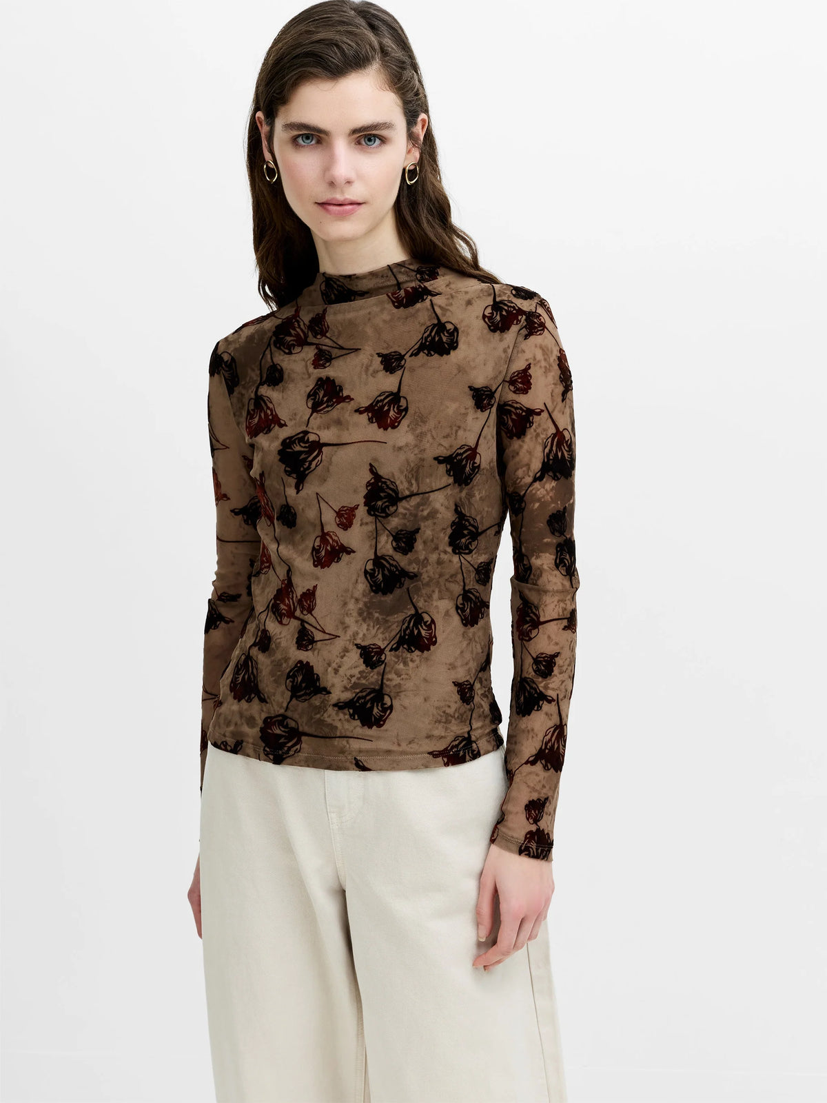 French Connection Tia Rose Mesh Velvet Burnout Top Chocolate Brown