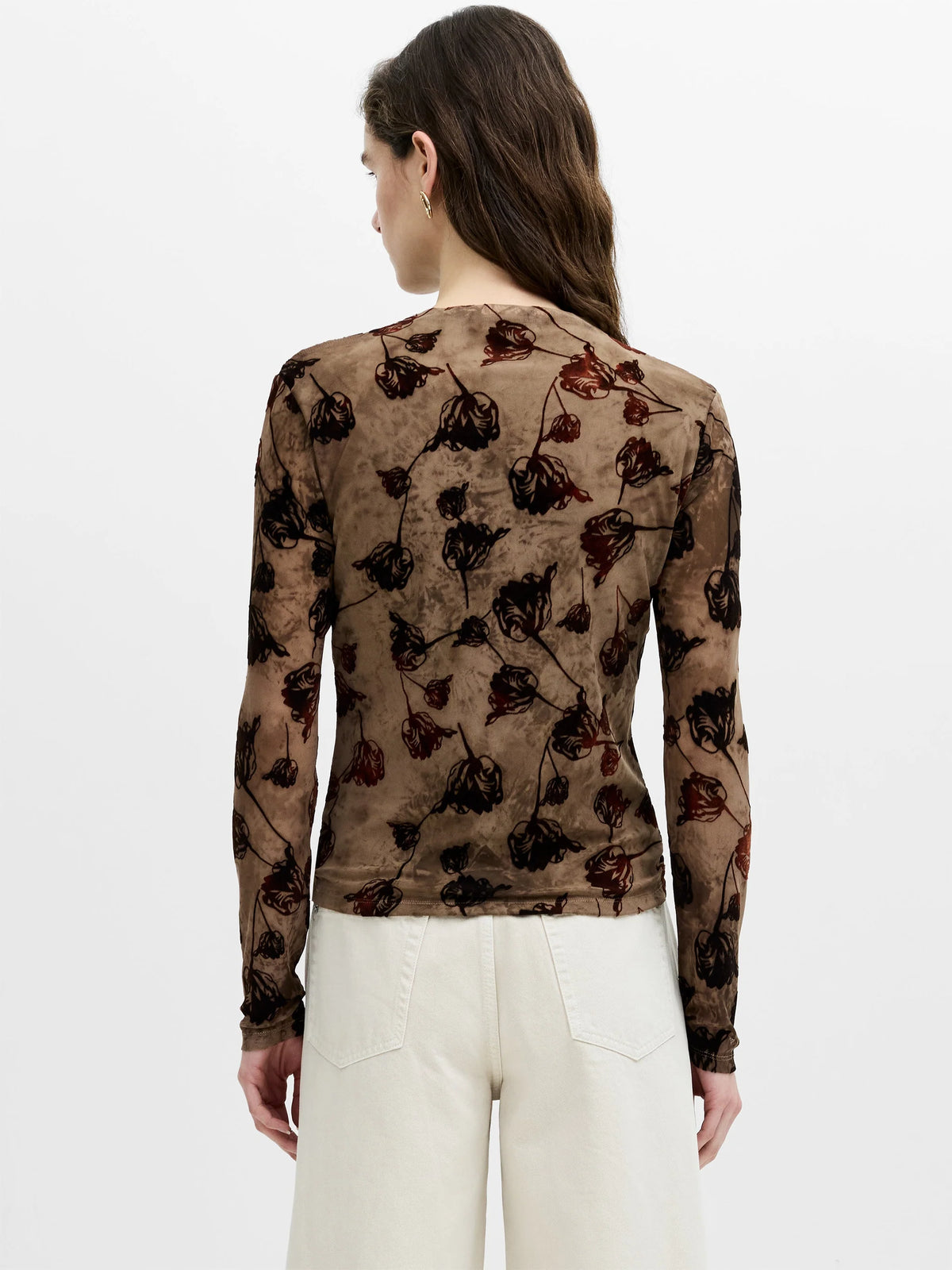 French Connection Tia Rose Mesh Velvet Burnout Top Chocolate Brown