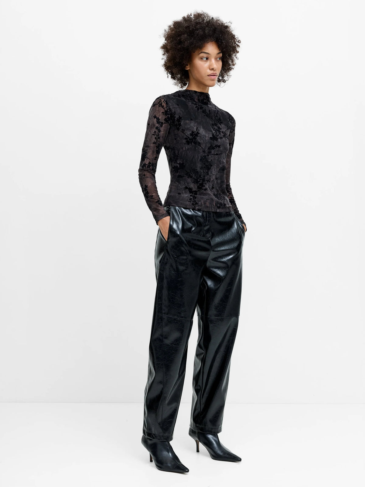 French Connection Kenny Mesh Velvet Burnout Top Black/Brown Multi