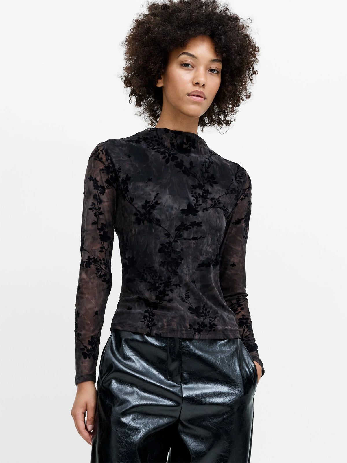French Connection Kenny Mesh Velvet Burnout Top Black/Brown Multi