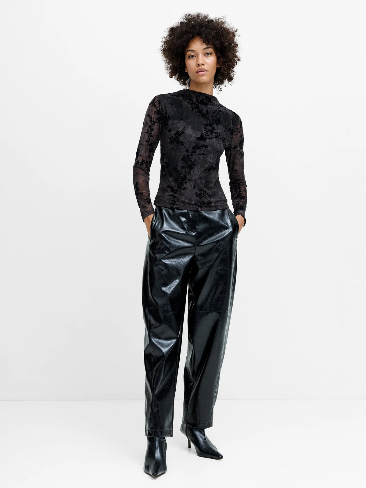 French Connection Kenny Mesh Velvet Burnout Top Black/Brown Multi