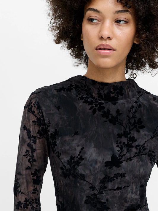 French Connection Kenny Mesh Velvet Burnout Top Black/Brown Multi