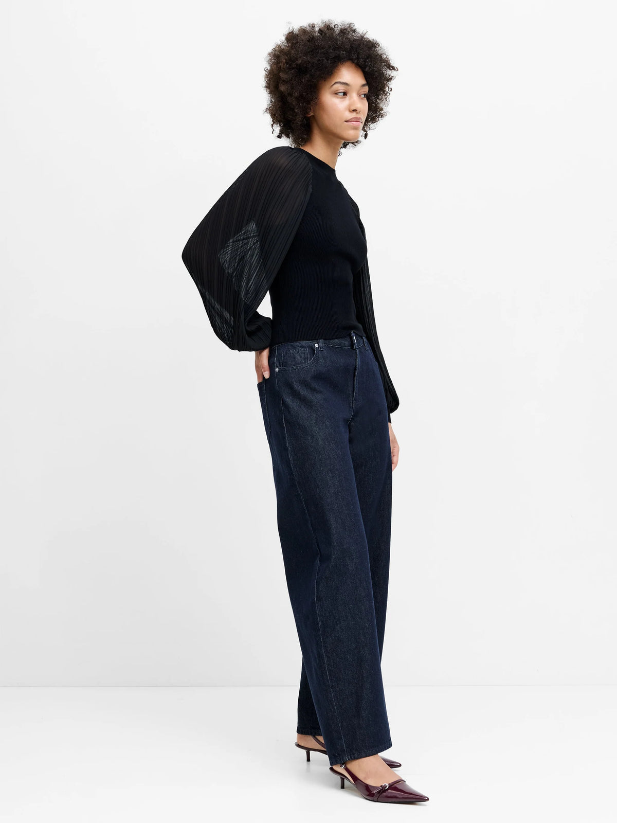 French Connection Krista Mix Pleated Sleeve Top Black