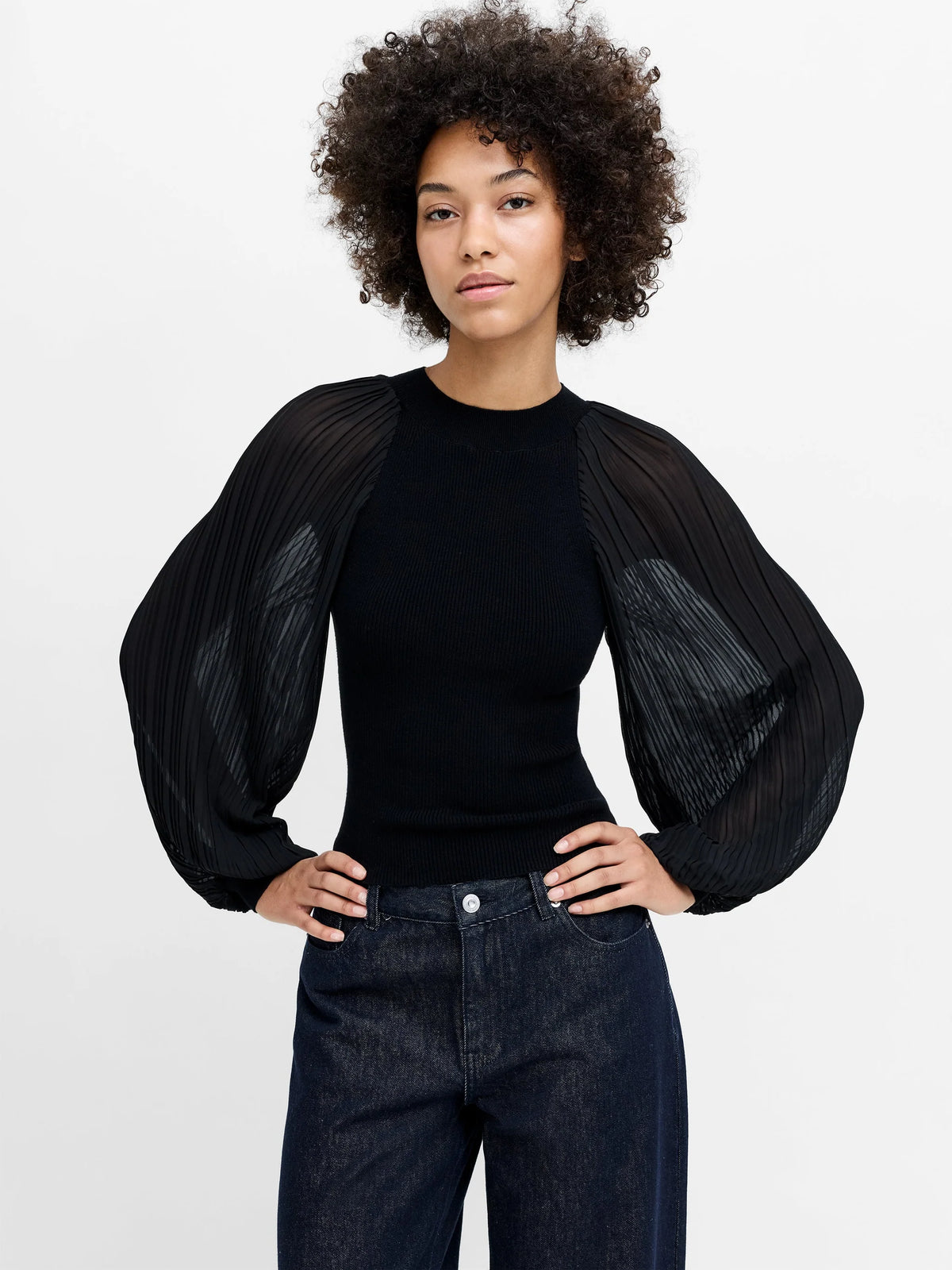 French Connection Krista Mix Pleated Sleeve Top Black