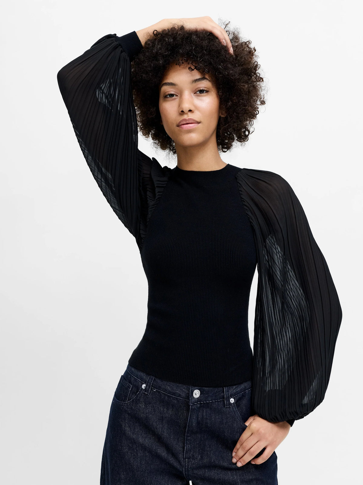 French Connection Krista Mix Pleated Sleeve Top Black
