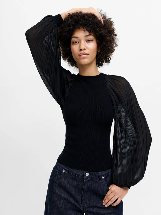French Connection Krista Mix Pleated Sleeve Top Black