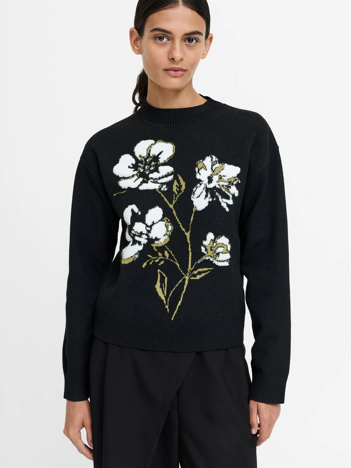 French Connection Oriana Floral Neck Jumper Blk/Khaki Grn Multi