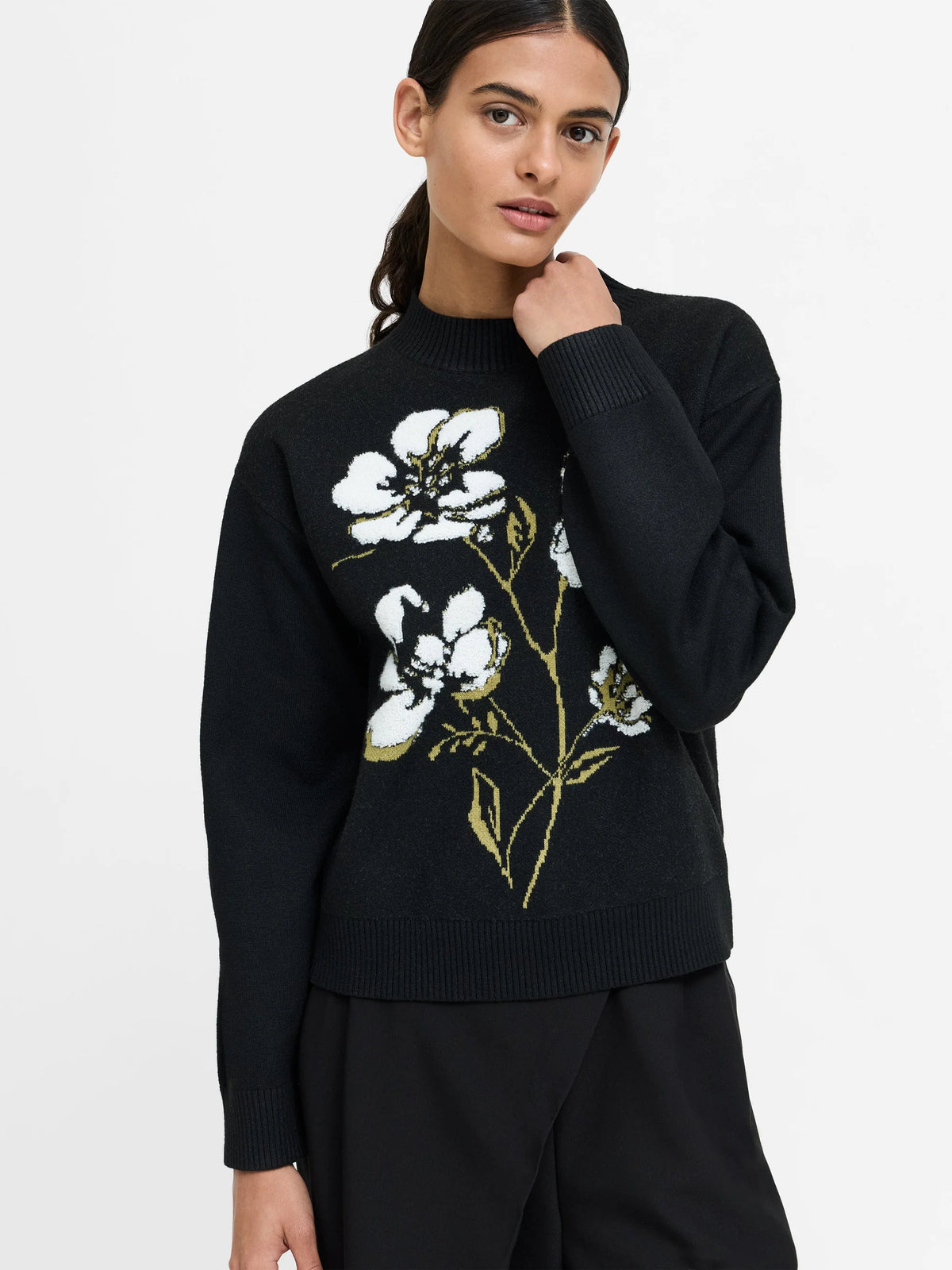 French Connection Oriana Floral Neck Jumper Blk/Khaki Grn Multi