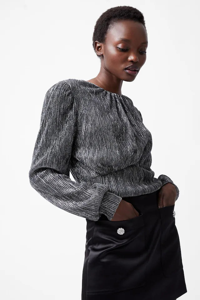 French Connection Tamy Lurex Plisse Long Sleeve Top Silver