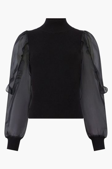 French Connection Krista Organza Puff Sleeve Top Blackout