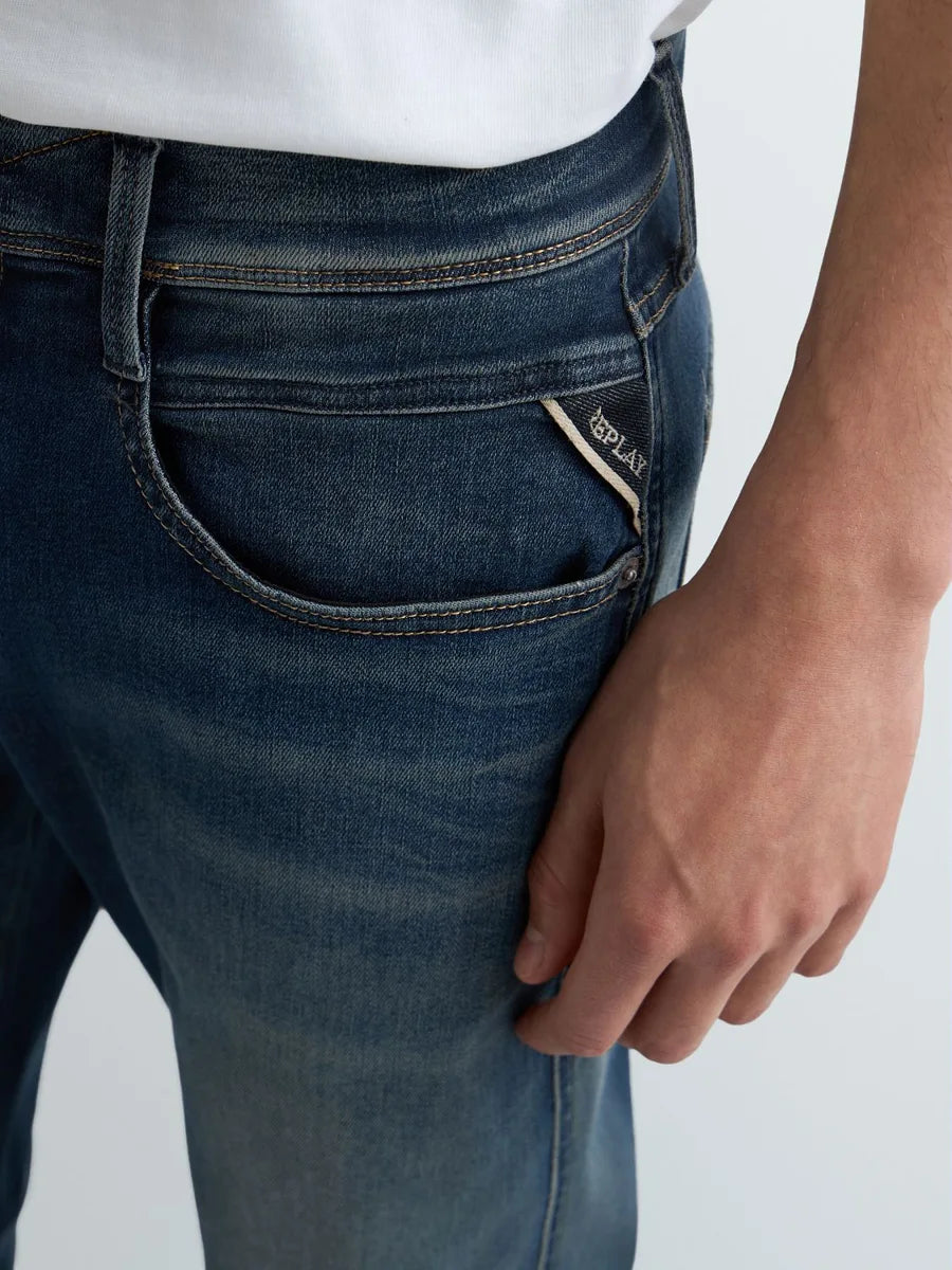 Replay Anbass Jeans Hyperflex Stretch Denim Blue Brown Patch