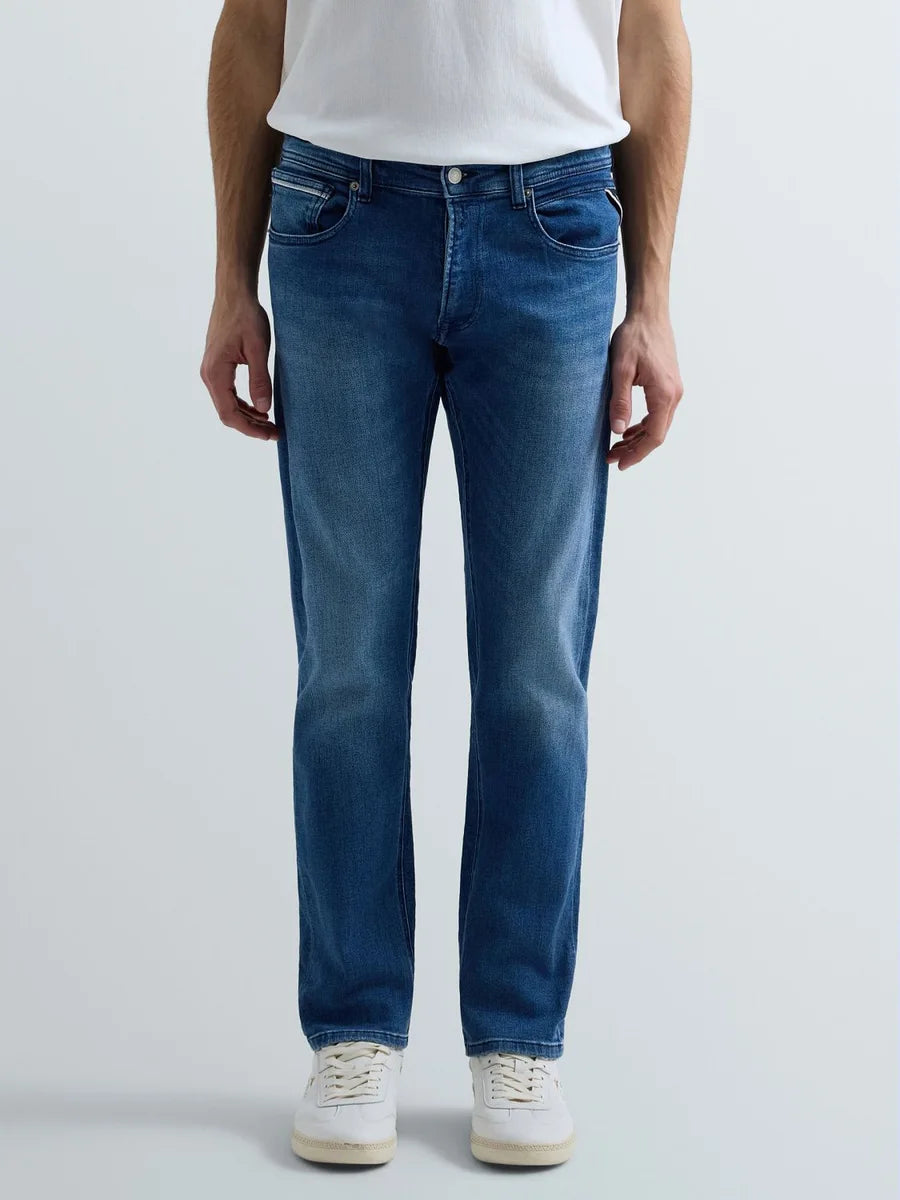 Replay Grover Power Stretch Denim Mid Blue Black Patch