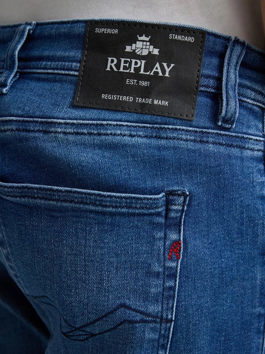 Replay Grover Power Stretch Denim Mid Blue Black Patch