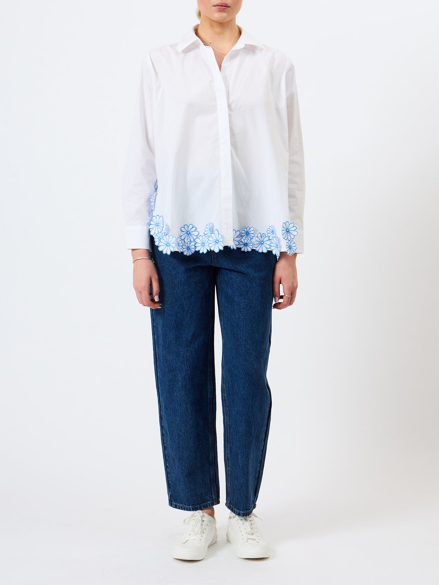 French Connection Cambria Cotton Floral Hem Shirt Linen White/Azur Blue